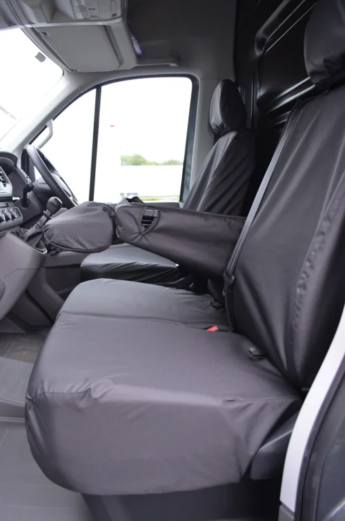 Black waterproof front 3 seat covers for VW Crafter 2017 onwards with folding middle passenger seat
